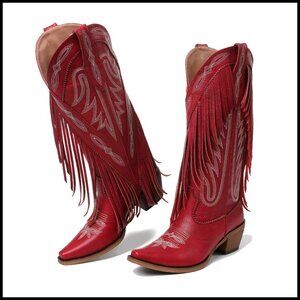 Retro Pointed Toe Cowgirl Boots Mid Calf Block Heel Pull On Fringe